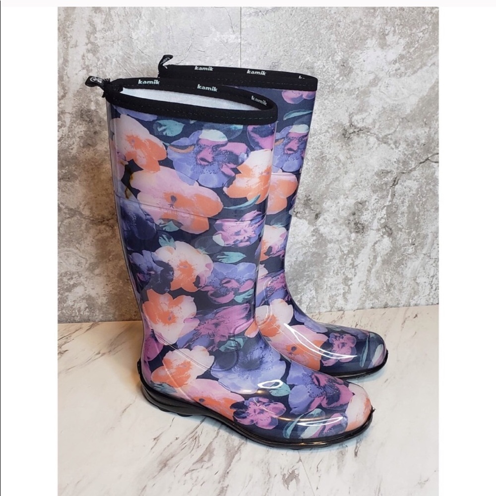 Kamik Floral Rain Boots Purple Blue Rubber Heavy 9
